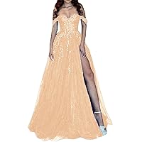 Women's A Line Long Junior Prom Dresses Glitter 2024 Off The Shoulder Formal Party Gown with Split