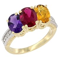 14K Yellow Gold Natural Amethyst, Enhanced Ruby & Natural Whisky Quartz Ring 3-Stone 7x5 mm Oval Diamond Accent, sizes 5 - 10
