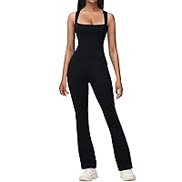 Fengbay Flare Jumpsuits for Women Full Length Bodysuit Strappy Square Neck Bodycon Yoga Rompers Unitard Jumpsuit with Pockets