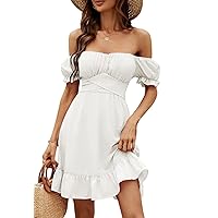 LYANER Women's Off Shoulder Puff Short Sleeve Ruffle High Waist Summer Mini Dress