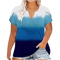 Plus Size Women Color Block Petal Short Sleeve T-Shirts Summer Casual Loose V Neck Trendy Oversized Tunic Tops
