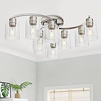 Brushed Nickel Ceiling Light Fixture, 9-Light Flush Mount Ceiling Light, Kitchen Light Fixtures with Clear Glass Shade, Modern Dining Room Light Fixtures Ceiling Mount for Living Room Bedroom