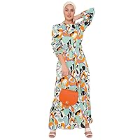 Ladies Midi Maxi Dress - Waisted Puffy Sleeves Flowy Women's Knee Length Pary Sun Dress in Unique Print