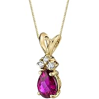 PEORA Created Ruby with Genuine Diamonds Pendant in 14 Karat Yellow Gold, Dainty Teardrop Solitaire, Pear Shape, 7x5mm, 1 Carat total