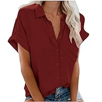 White Button Down Shirt Women Solid Color Vneck Tunic Tops Short Sleeved Office Work Cloth Tunic Baggy T-Shirts