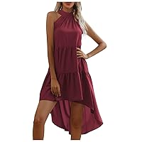 Sundresses for Women 2024 Solid Color Sexy Ruched High Low with Sleeveless Round Neck Halter Summer Dresses