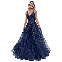 Spaghetti Straps V Neck Glitter Prom Dresses 2024 Appliques Tulle Long Prom Dress Ball Gowns Fairy Wedding Gown