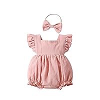 Douhoow Newborn Baby Girl Clothes Baby Girl Romper Cotton Linen Romper Baby Girl Bodysuit with Headband