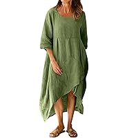 Womens Loose Casual Cotton Leprosy Round Neck Solid Color 3/4 Sleeve Loose Medium Length Dress Tunics Dress