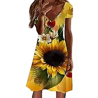 Womens Shirts Dressy Casual,Women's New Flower Fruit Print V Neck Short Sleeved Slim Mid Length Dress Casual Sp