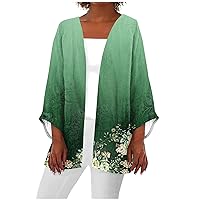 Women's Floral Print Puff Sleeve Kimono Cardigan Swimsuit Coverups Lightweight Summer Beach Loose Cover Up Cardigan