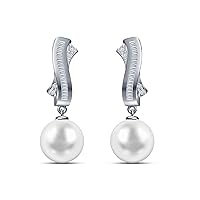 9 mm White South Sea Cultured Pearl and 0.15 carat total weight diamond accent Earring in 14KT White Gold