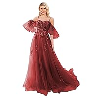 Off Shoulder Tulle Prom Dresses Lace Appliques Formal Dress Long Spaghetti Straps Ball Gown with Puffy Sleeve for Women Wine Red