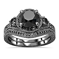 1.5 CT Round Cut Black Diamond Solitaire Halo Wedding Ring Set for Women Girls 14KT Black Gold Finish