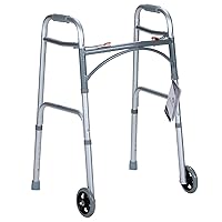 Dynarex Junior Two-Button Folding Walker with Wheels has Tool-Free Adjustable Height up to 32.5” & 300 Pound Weight Capacity, Silver, 1 Junior Two-Button Folding Walker with Wheels