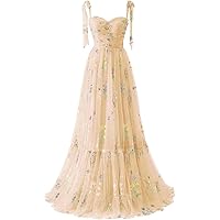 Women's Flower Embroidery Tulle Prom Dresses Corset Long Spaghetti Strap Fairy Ruched Formal Evening Party Gown