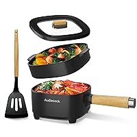 Audecook Hot Pot Electric with Steamer 2L, Cermic Glaze Non-Stick Frying Pan 8 Inch, Portable Travel Cooker for Ramen/Steak/Fried Rice/Oatmeal/Soup, with Dual Power Control (Silicone Spatula Included)