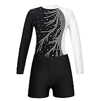 FEESHOW Girls 2Pcs Glitter Long Sleeve Leotards with Shorts Outfits Athletic Unitards Gymnastics Dancewear Clothes