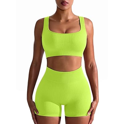 OQQ Workout Outfits for Women 2 Piece Seamless Ribbed High Waist Leggings  with Sports Bra Exercise Set