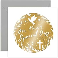 Old English Co. Gold Special Day Card - Floral Dove Cross Design Greeting Card for Baptism, Christening, Easter, First Holy Communion - Religious Faith Celebration Card | Blank Inside with Envelope