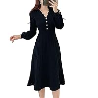 Vintage Korean Pleated Dress Long Sleeve Slim Woman Dresses Knitted Midi Woman Dress Autumn