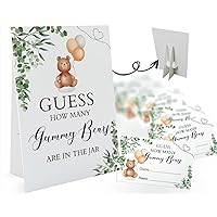 Guess How Many Gummy Bears Are in the Jar - 1 Standing Sign and 50 Guessing Cards, Greenery Baby Shower Game for Boys Girls, Birthday Party Supplies and Decorations-01