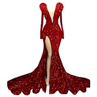 Prom Dress Glitter Pageant Long Sleeves Split Sequins Evening Dress