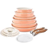 Nonstick Cookware Set - 13 PCS Stackable Pots and Pans Set Detachable Handle Camping Cookware, Granite Kitchen Cookware Sets Removable Handle, Non Toxic Nonstick Frying Pans for Cooking Set Gift Coral