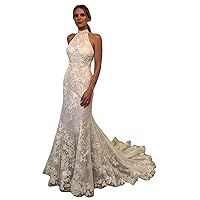 Sequins Lace Halter Backless Bridal Ball Gowns with Train Mermaid Wedding Dresses for Bride Plus Size