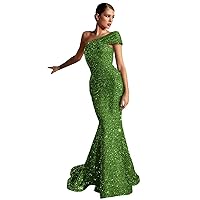 Basgute Sparkly Sequin Mermaid Prom Dresses for Teens 2024 Glitter Long Bodycon One Shoulder Formal Evening Party Gowns