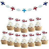 24 PCS Airplane Cupcake Toppers and 1 PCS Airplane Clouds Garland for Toppers Cake Food Dessert Picks Baby Shower Kids' Boys Birthday Party Decor