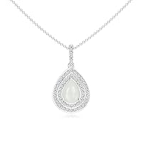Natural Moonstone Halo Teardrop Pendant Necklace with Diamond for Women in Sterling Silver / 14K Solid Gold/Platinum