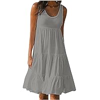 Crewneck Sleeveless Summer Dresses Women Tiered Ruffle Midi Dress A-Line Swing Beach Sundress Casual Tank Dress