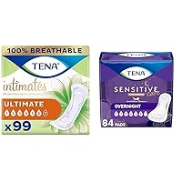 TENA Incontinence Pads, Bladder Control & Postpartum for Women & Incontinence Pads, Bladder Control & Postpartum for Women, Overnight Absorbency, Extra Coverage, Sensitive Care - 84 Count