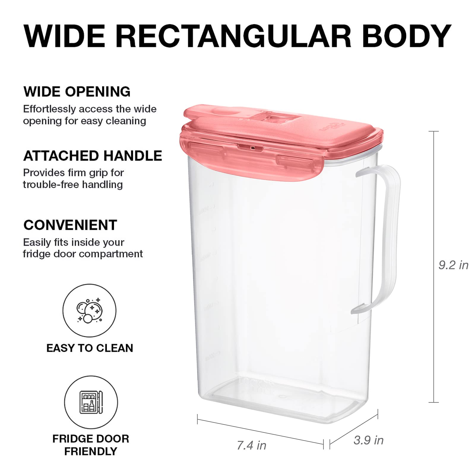 LocknLock Aqua Fridge Door Water Jug with Handle BPA Free Plastic Pitcher with Flip Top Lid Perfect for Making Teas and Juices, 2 Quarts, Pink