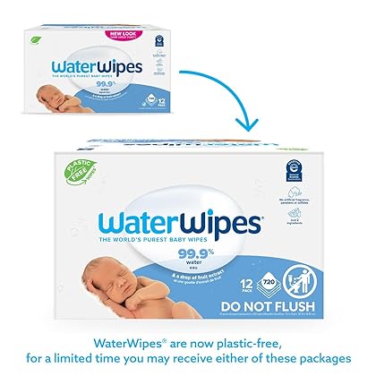 WaterWipes Plastic-Free Original Baby Wipes, 99.9% Water Based Wipes, Unscented & Hypoallergenic for Sensitive Skin, 720 Count (12 packs), Packaging May Vary