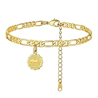 ChainsHouse Constellation Zodiac Figaro Chain Anklet for Women Teen Girls, 18K Gold Plated Summer Boho Beach Jewelry 4.5mm Ankel Foot Bracelet, 8.5