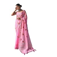 Resham work Woman Traditional Party wear Linen Saree Blouse 7262
