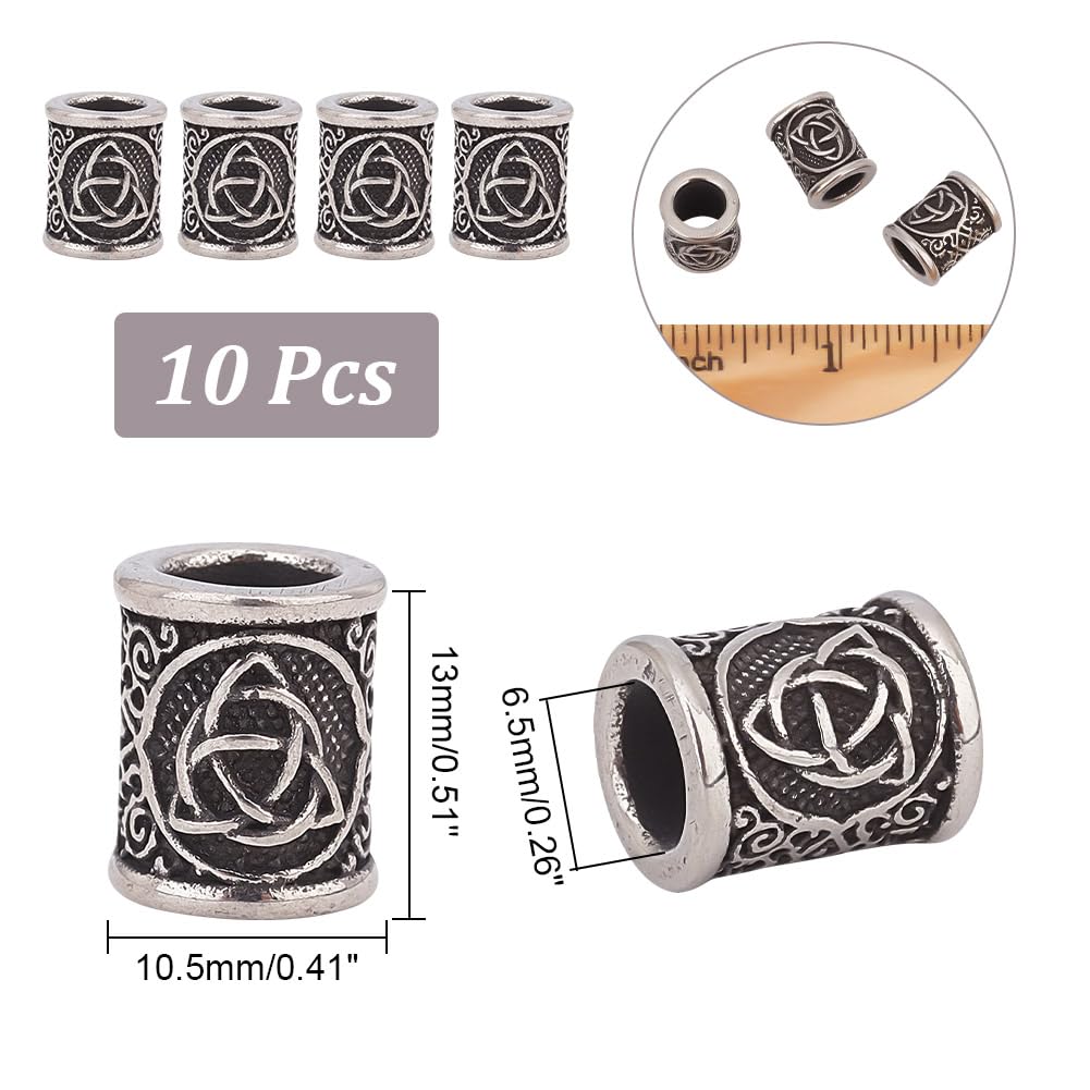 UNICRAFTALE 10Pcs Stainless Steel European Beads Antique Silver Column with Trinity KnotLarge Hole Beads Viking Beard Bead for Hair Beard Bracelets Jewelry Making