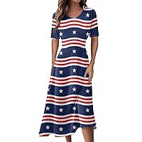 Patriotic Dress for Women Red White Blue Print Vintage Trendy with Short Sleeve V Neck Tunic 4th of July Dresses