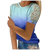 Blouses for Women Business Casual, Women's Fashion Lace Hollow Solid Colour Round Neck Short Sleeve T-ShirtTop