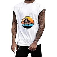Men Muscle Fit Tank Tops Summer Casual Workout Tee Shirt Sleeveless Vest Sunset Palm Printed Beach Tanks T-Shirt
