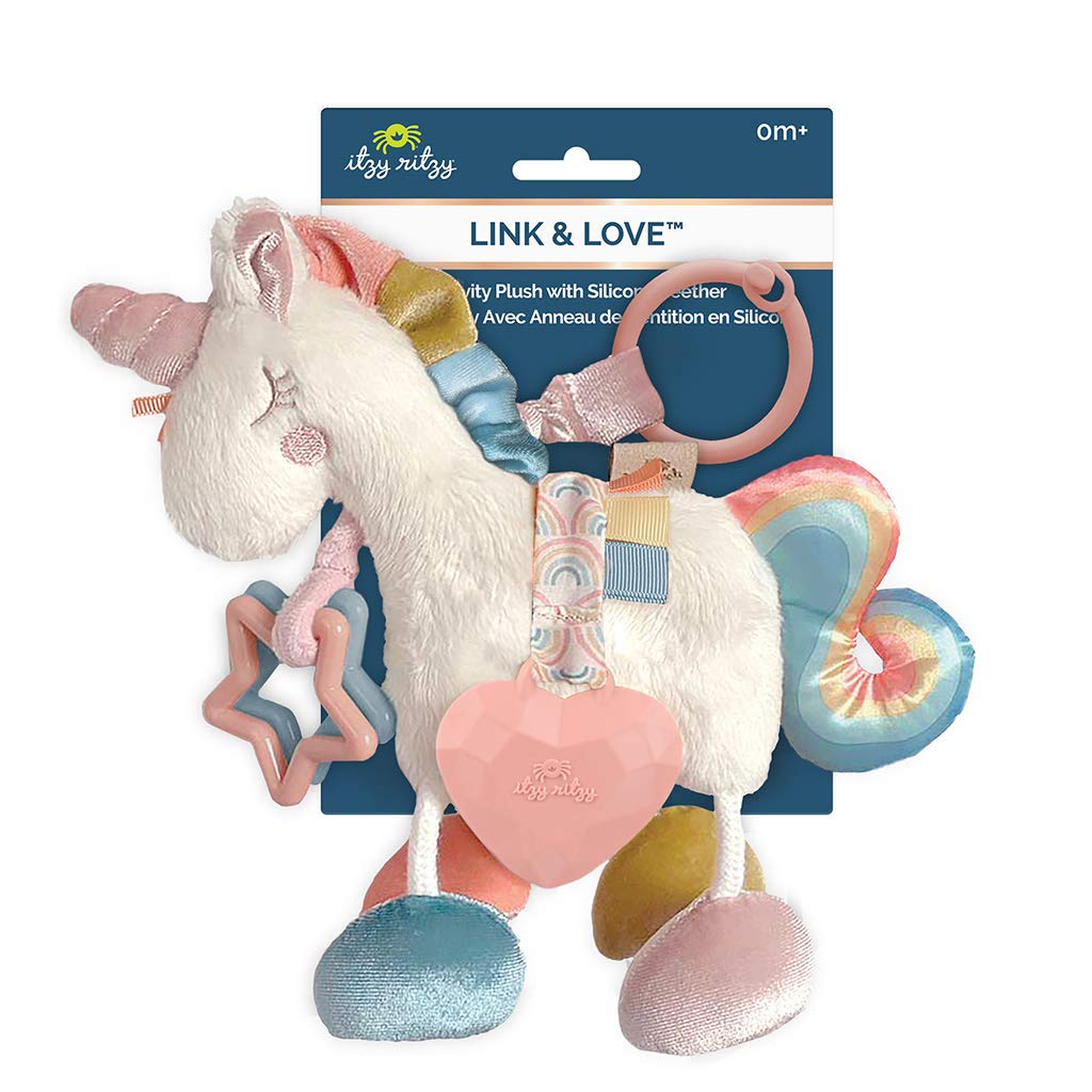 Itzy Ritzy Link & Love Toy for Stroller, Car Seat or Activity Gym, Features Textured Ribbons, Crinkle Sounds, Clinking Rings & Silicone Teether, Unicorn