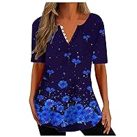 Button Down Shirts for Women Floral Print Tunic Summer Tops Dressy Casual Short Sleeve T Shirts V Neck Spring Flowy Blouses