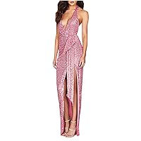 Womens Formal Sequined Evening Dress Sexy Low Cut Deep V Neck Glitter Halter Dress Side Slit Cocktail Party Ball Gown