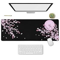 Cherry Blossom Floral Mouse Pad Black XL, Extended Large Mouse Pad, Kawaii Pink Black Mousepad, Moon Floral Long Big Desk Mouse Mat, Cherry Blossom Decor Stuff Accessories, 31.5 X 11.8 Inch