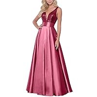 Satin Prom Dresses Long Ball Gowns for Women Deep V Neck Formal Dresses Sleeveless Sequin 2024
