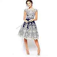 Women's Elegant Mesh Embroidery Perspective Evening Party Ball Gown Prom Dress S-3XL Blue