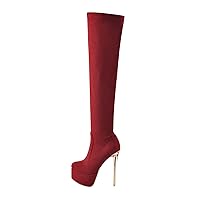 Red Clear Platform Heel Knee High Boots for Women Stretch Pull on Boots Sexy High Heel Over the Knee Socking Boots for Pom Party Sock Long Boots Stripper Heel Size6