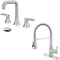 3 Hole Bathroom Faucet Widespread, Out Sprayer Kitchen Faucets, 360 Degree Swivel Vanity Faucet 8 Inch, 2 Handles Faucet for Bathroom Sink with Deck Plate & Pop-Up Drain, Brushed Nickel & Chrome